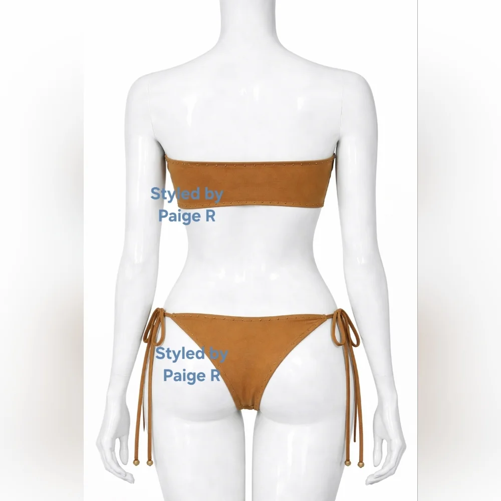 ❤️NWT SKIMS 2 Piece Rhinestone Swim Bandeau Top tie String Bikini Nude ALMOND 3X